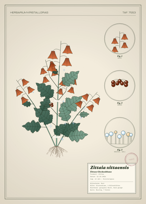 Botanische Tafel: Zittaia zittaensis, eine erfundene Pflanze aus Zittau, gezeichnet wie in einem alten Pflanzenatlas