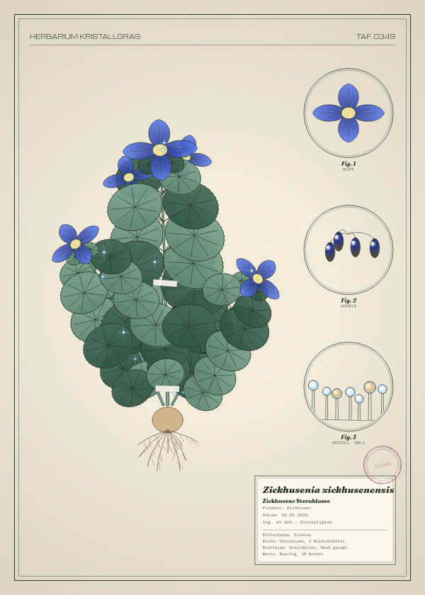 Botanische Tafel: Zickhusenia zickhusenensis, eine erfundene Pflanze aus Zickhusen, gezeichnet wie in einem alten Pflanzenatlas