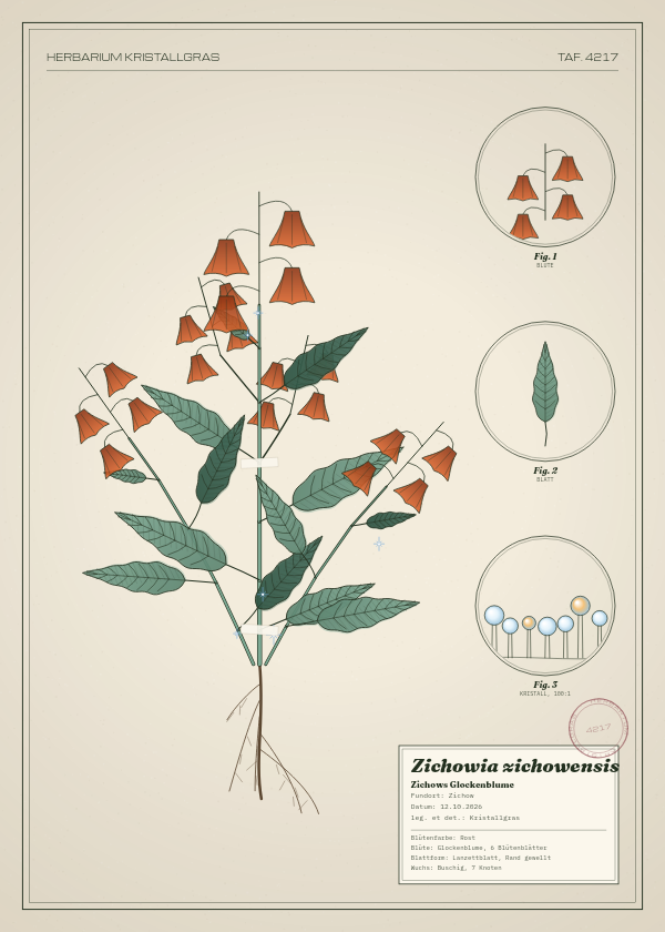 Botanische Tafel: Zichowia zichowensis, eine erfundene Pflanze aus Zichow, gezeichnet wie in einem alten Pflanzenatlas