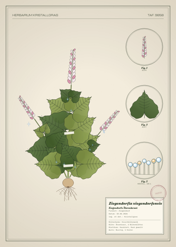 Botanische Tafel: Ziegendorfia ziegendorfensis, eine erfundene Pflanze aus Ziegendorf, gezeichnet wie in einem alten Pflanzenatlas