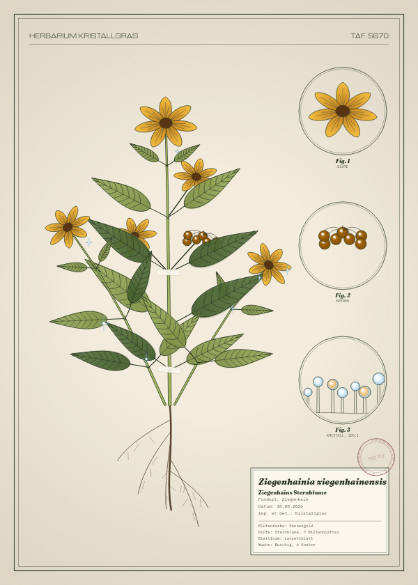 Botanische Tafel: Ziegenhainia ziegenhainensis, eine erfundene Pflanze aus Ziegenhain, gezeichnet wie in einem alten Pflanzenatlas
