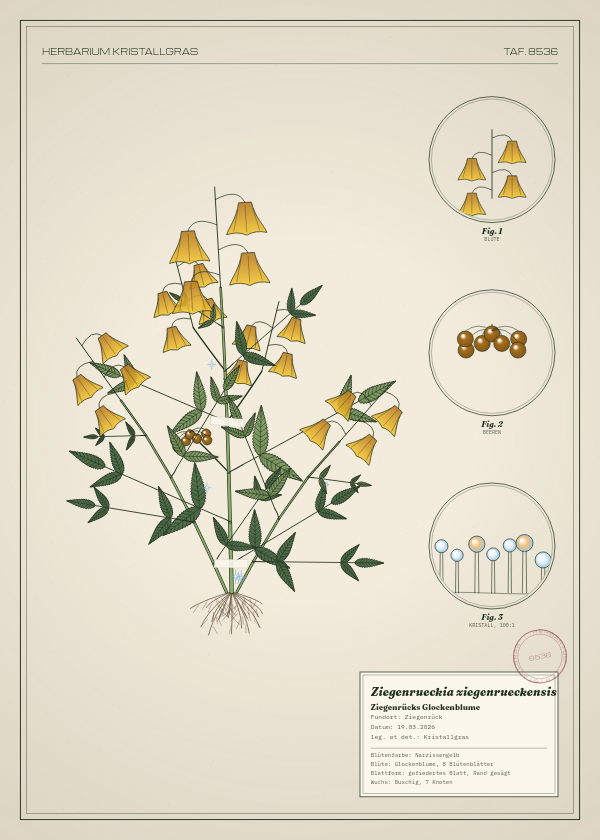 Botanische Tafel: Ziegenrueckia ziegenrueckensis, eine erfundene Pflanze aus Ziegenrück, gezeichnet wie in einem alten Pflanzenatlas