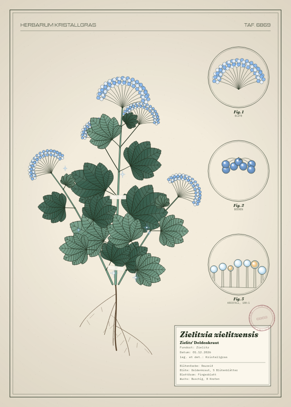 Botanische Tafel: Zielitzia zielitzensis, eine erfundene Pflanze aus Zielitz, gezeichnet wie in einem alten Pflanzenatlas