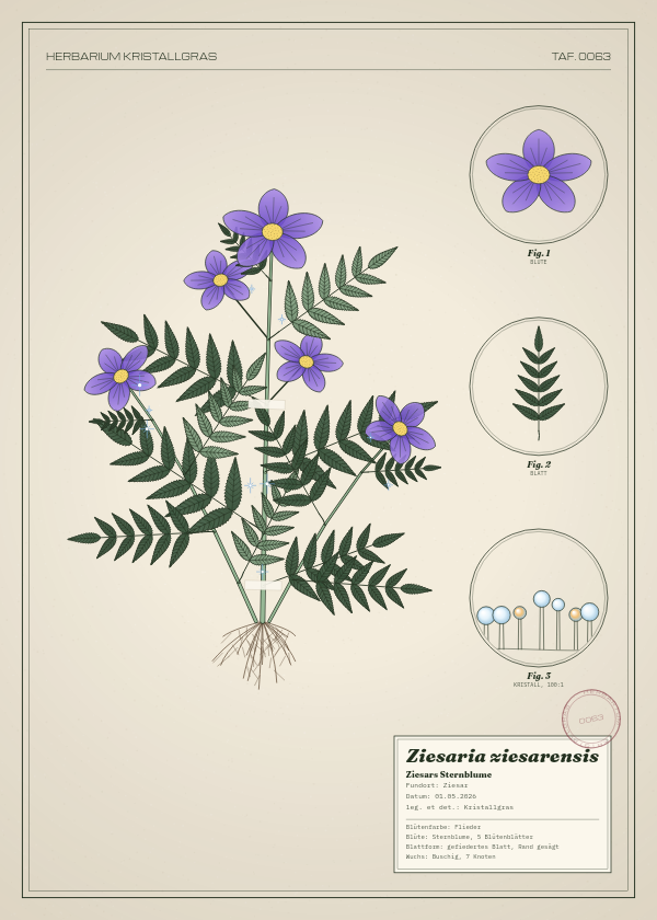 Botanische Tafel: Ziesaria ziesarensis, eine erfundene Pflanze aus Ziesar, gezeichnet wie in einem alten Pflanzenatlas