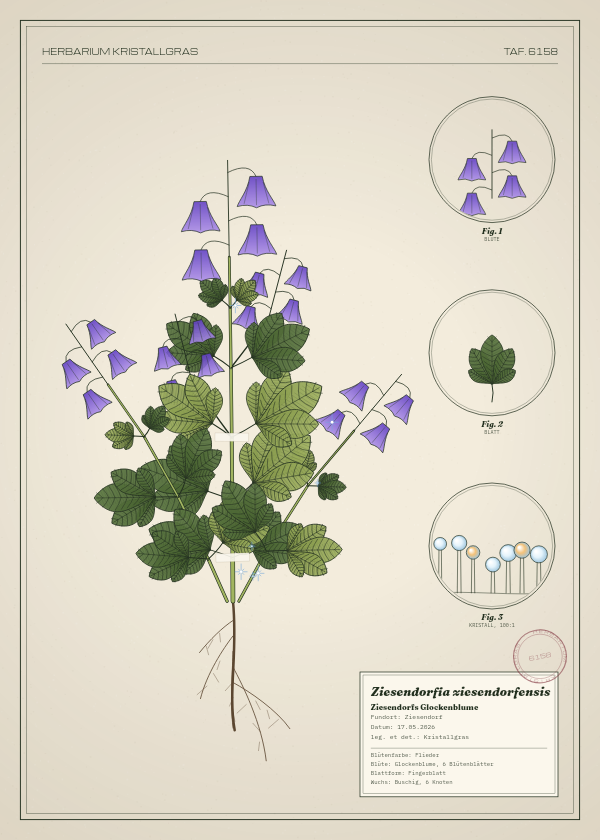 Botanische Tafel: Ziesendorfia ziesendorfensis, eine erfundene Pflanze aus Ziesendorf, gezeichnet wie in einem alten Pflanzenatlas