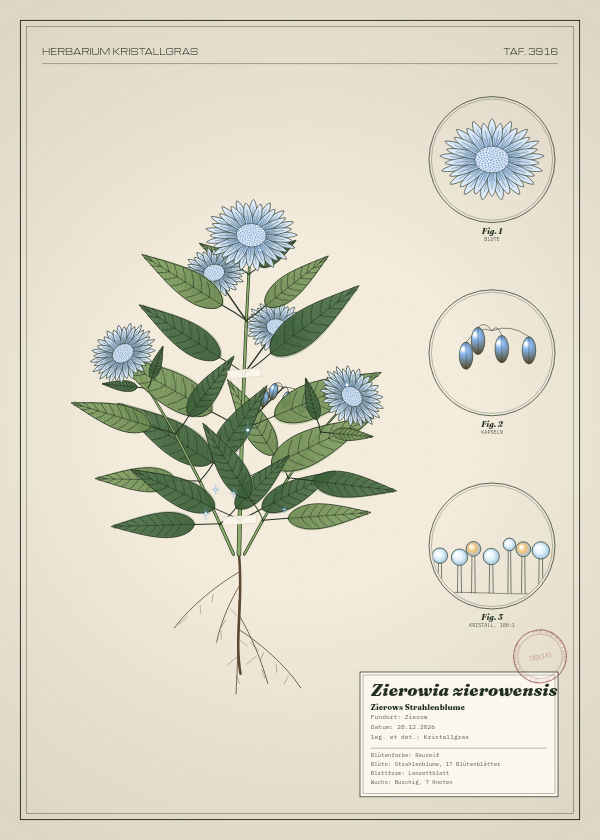 Botanische Tafel: Zierowia zierowensis, eine erfundene Pflanze aus Zierow, gezeichnet wie in einem alten Pflanzenatlas