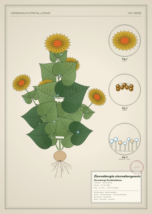 Botanische Tafel: Zierenbergia zierenbergensis, eine erfundene Pflanze aus Zierenberg, gezeichnet wie in einem alten Pflanzenatlas