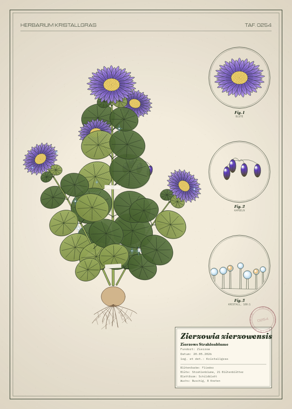 Botanische Tafel: Zierzowia zierzowensis, eine erfundene Pflanze aus Zierzow, gezeichnet wie in einem alten Pflanzenatlas