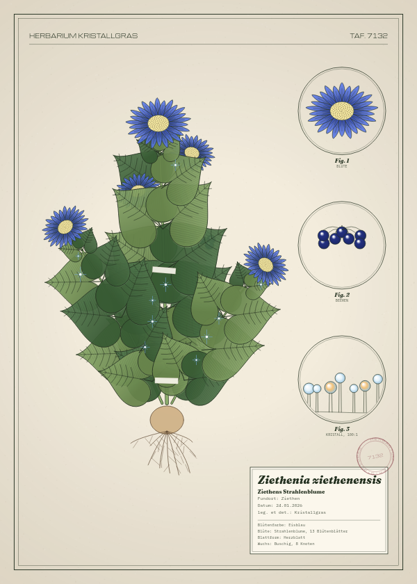 Botanische Tafel: Ziethenia ziethenensis, eine erfundene Pflanze aus Ziethen, gezeichnet wie in einem alten Pflanzenatlas
