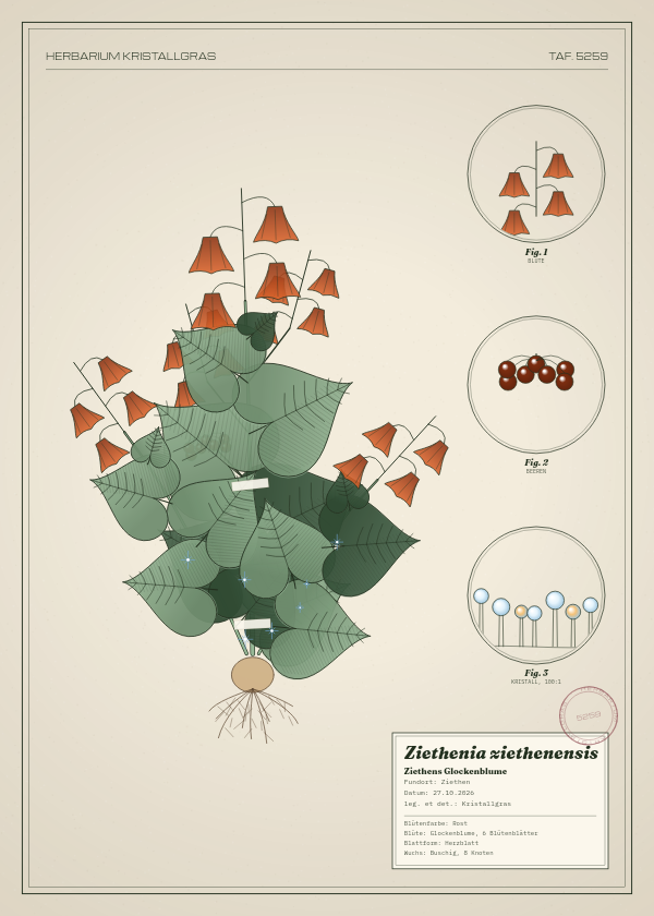 Botanische Tafel: Ziethenia ziethenensis, eine erfundene Pflanze aus Ziethen, gezeichnet wie in einem alten Pflanzenatlas