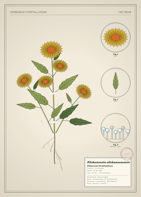 Botanische Tafel: Zilshausenia zilshausenensis, eine erfundene Pflanze aus Zilshausen, gezeichnet wie in einem alten Pflanzenatlas