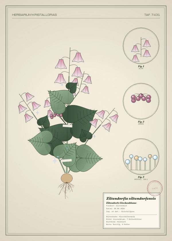Botanische Tafel: Ziltendorfia ziltendorfensis, eine erfundene Pflanze aus Ziltendorf, gezeichnet wie in einem alten Pflanzenatlas