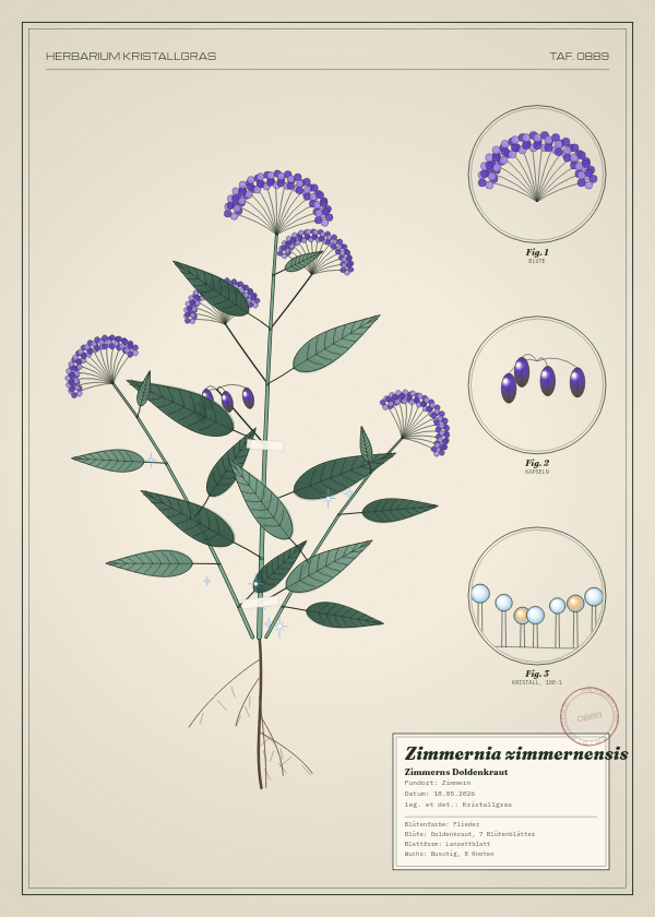 Botanische Tafel: Zimmernia zimmernensis, eine erfundene Pflanze aus Zimmern, gezeichnet wie in einem alten Pflanzenatlas