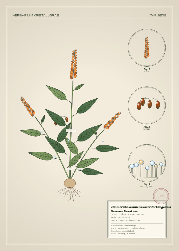 Botanische Tafel: Zimmernia zimmernunterderburgensis, eine erfundene Pflanze aus Zimmern unter der Burg, gezeichnet wie in einem alten Pflanzenatlas