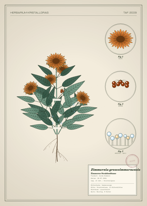 Botanische Tafel: Zimmernia grosszimmernensis, eine erfundene Pflanze aus Groß-Zimmern, gezeichnet wie in einem alten Pflanzenatlas