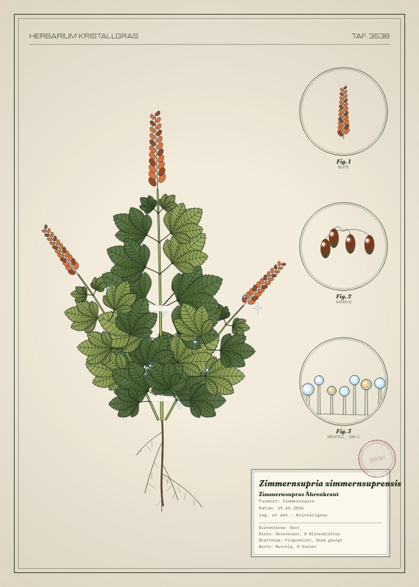 Botanische Tafel: Zimmernsupria zimmernsuprensis, eine erfundene Pflanze aus Zimmernsupra, gezeichnet wie in einem alten Pflanzenatlas
