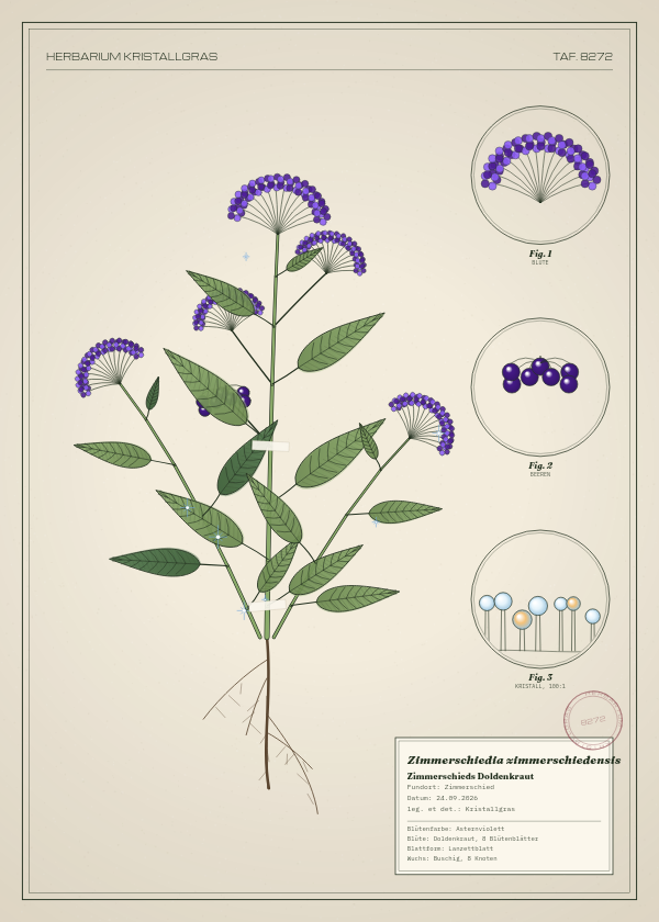 Botanische Tafel: Zimmerschiedia zimmerschiedensis, eine erfundene Pflanze aus Zimmerschied, gezeichnet wie in einem alten Pflanzenatlas