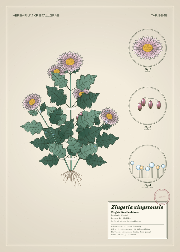 Botanische Tafel: Zingstia zingstensis, eine erfundene Pflanze aus Zingst, gezeichnet wie in einem alten Pflanzenatlas