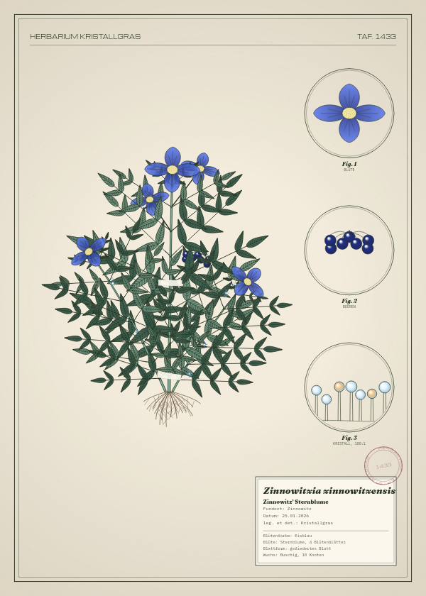 Botanische Tafel: Zinnowitzia zinnowitzensis, eine erfundene Pflanze aus Zinnowitz, gezeichnet wie in einem alten Pflanzenatlas