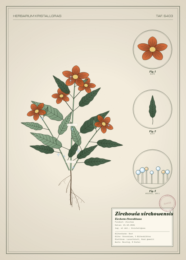 Botanische Tafel: Zirchowia zirchowensis, eine erfundene Pflanze aus Zirchow, gezeichnet wie in einem alten Pflanzenatlas