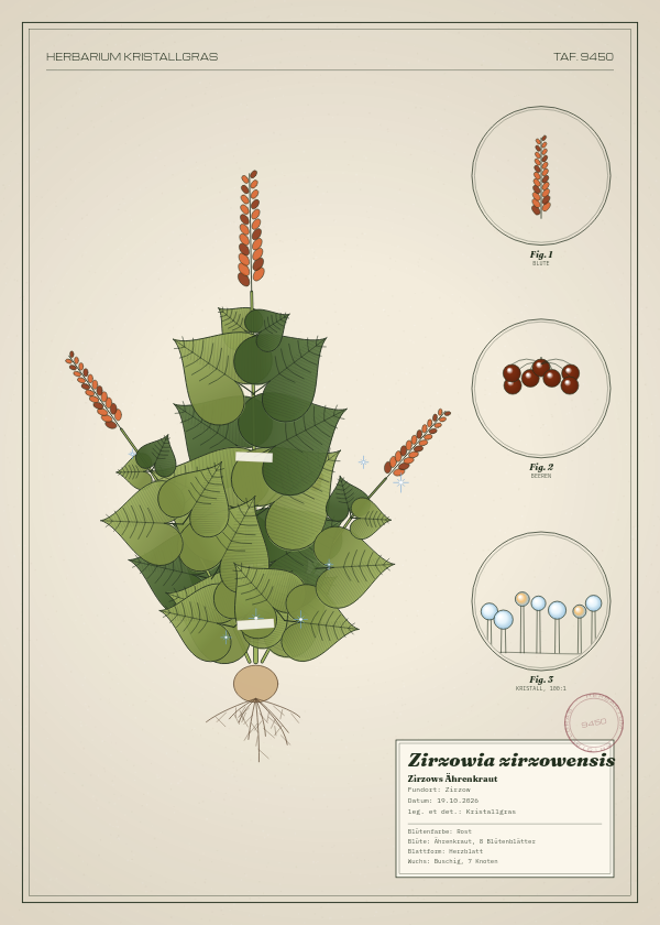 Botanische Tafel: Zirzowia zirzowensis, eine erfundene Pflanze aus Zirzow, gezeichnet wie in einem alten Pflanzenatlas