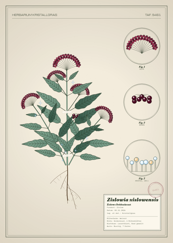 Botanische Tafel: Zislowia zislowensis, eine erfundene Pflanze aus Zislow, gezeichnet wie in einem alten Pflanzenatlas