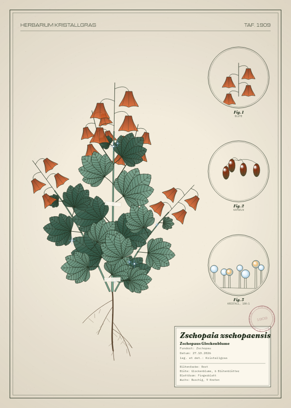 Botanische Tafel: Zschopaia zschopaensis, eine erfundene Pflanze aus Zschopau, gezeichnet wie in einem alten Pflanzenatlas
