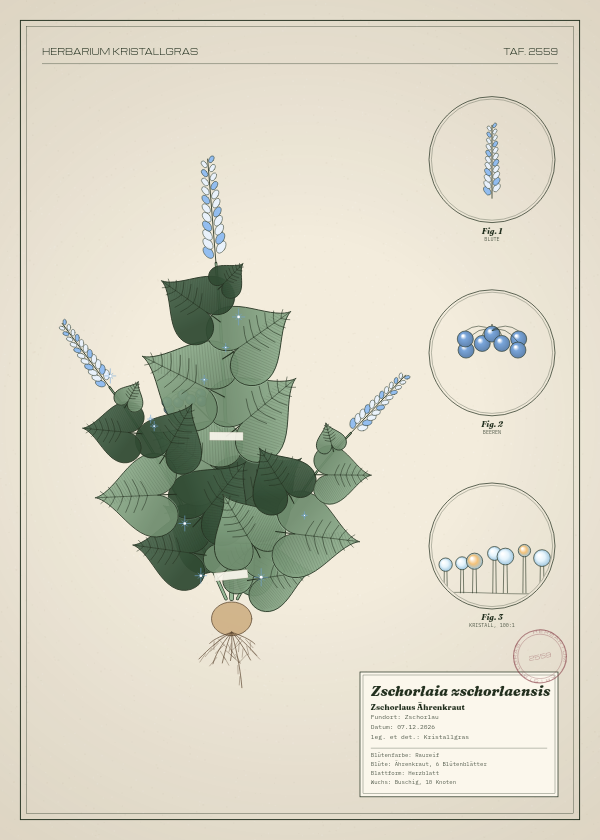 Botanische Tafel: Zschorlaia zschorlaensis, eine erfundene Pflanze aus Zschorlau, gezeichnet wie in einem alten Pflanzenatlas