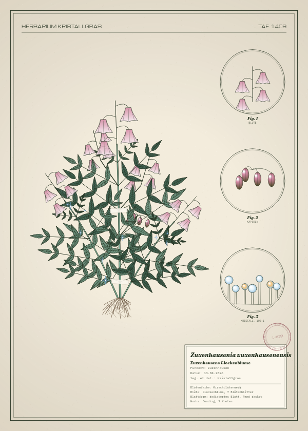 Botanische Tafel: Zuzenhausenia zuzenhausenensis, eine erfundene Pflanze aus Zuzenhausen, gezeichnet wie in einem alten Pflanzenatlas