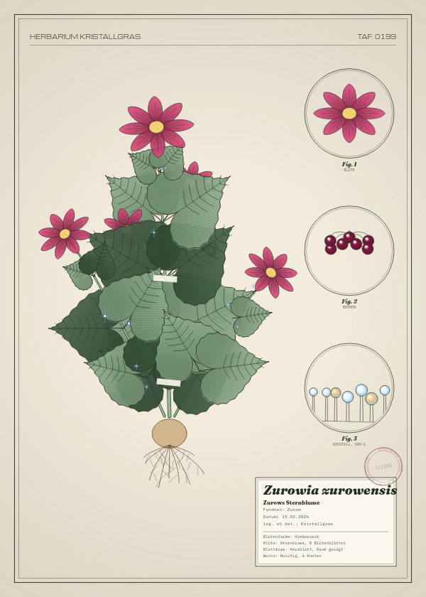 Botanische Tafel: Zurowia zurowensis, eine erfundene Pflanze aus Zurow, gezeichnet wie in einem alten Pflanzenatlas