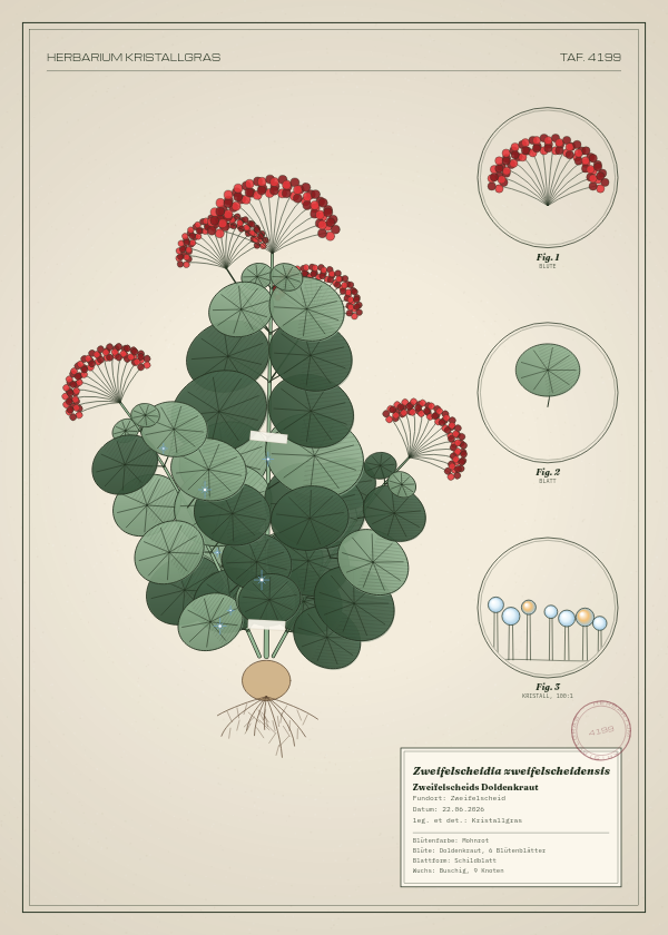 Botanische Tafel: Zweifelscheidia zweifelscheidensis, eine erfundene Pflanze aus Zweifelscheid, gezeichnet wie in einem alten Pflanzenatlas