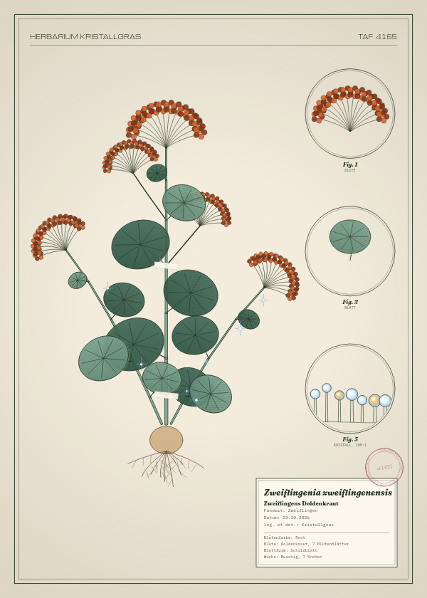 Botanische Tafel: Zweiflingenia zweiflingenensis, eine erfundene Pflanze aus Zweiflingen, gezeichnet wie in einem alten Pflanzenatlas