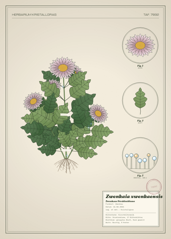 Botanische Tafel: Zwenkaia zwenkaensis, eine erfundene Pflanze aus Zwenkau, gezeichnet wie in einem alten Pflanzenatlas