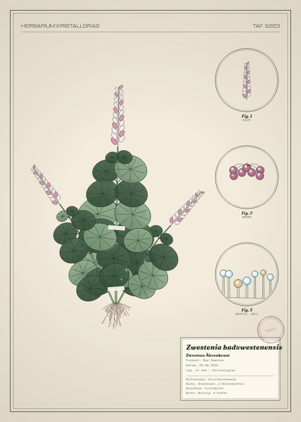 Botanische Tafel: Zwestenia badzwestenensis, eine erfundene Pflanze aus Bad Zwesten, gezeichnet wie in einem alten Pflanzenatlas
