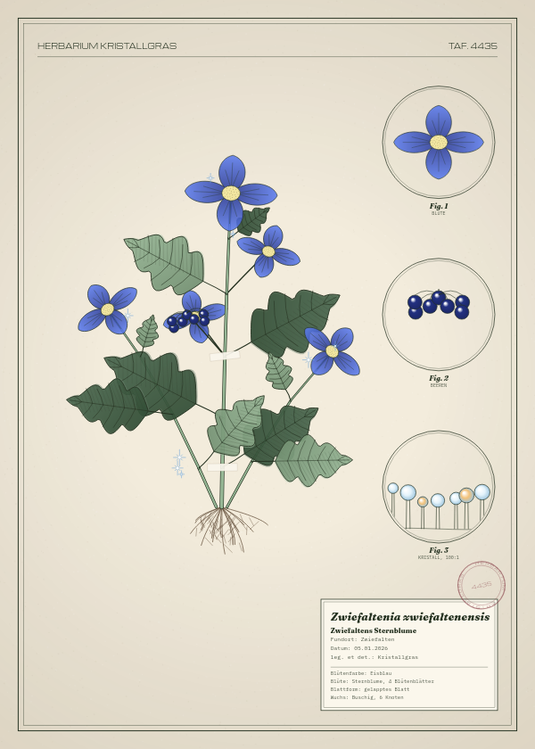Botanische Tafel: Zwiefaltenia zwiefaltenensis, eine erfundene Pflanze aus Zwiefalten, gezeichnet wie in einem alten Pflanzenatlas