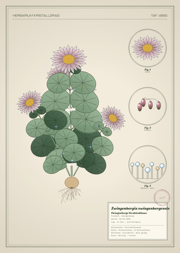 Botanische Tafel: Zwingenbergia zwingenbergensis, eine erfundene Pflanze aus Zwingenberg, gezeichnet wie in einem alten Pflanzenatlas