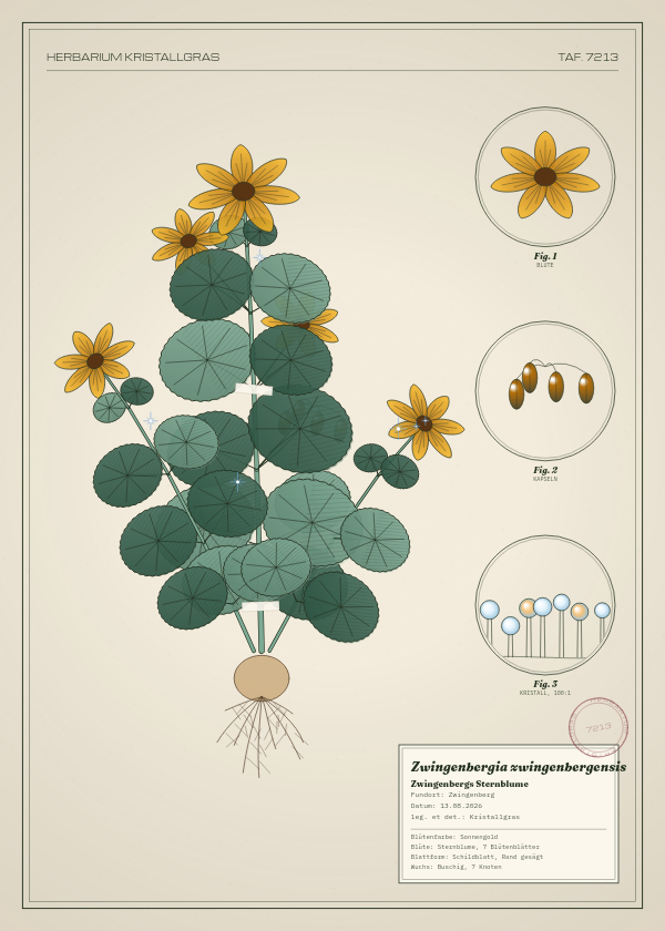Botanische Tafel: Zwingenbergia zwingenbergensis, eine erfundene Pflanze aus Zwingenberg, gezeichnet wie in einem alten Pflanzenatlas