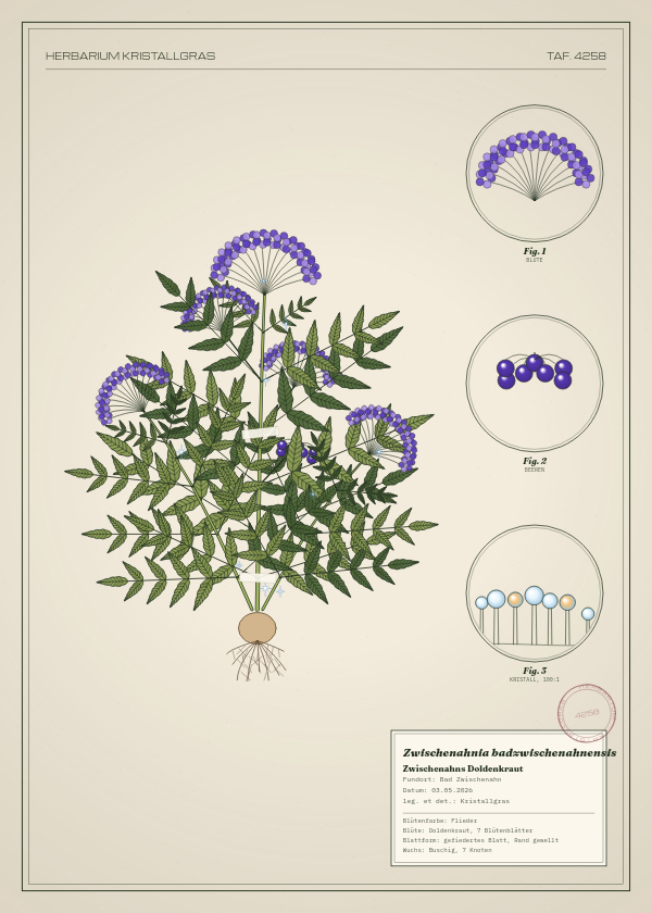 Botanische Tafel: Zwischenahnia badzwischenahnensis, eine erfundene Pflanze aus Bad Zwischenahn, gezeichnet wie in einem alten Pflanzenatlas