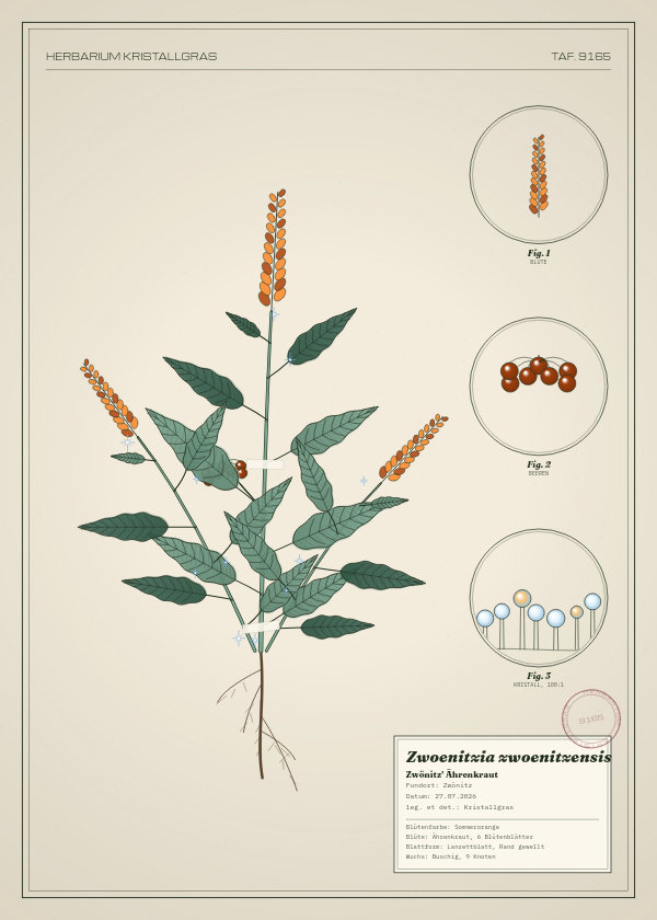 Botanische Tafel: Zwoenitzia zwoenitzensis, eine erfundene Pflanze aus Zwönitz, gezeichnet wie in einem alten Pflanzenatlas