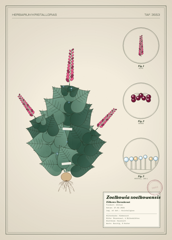Botanische Tafel: Zoelkowia zoelkowensis, eine erfundene Pflanze aus Zölkow, gezeichnet wie in einem alten Pflanzenatlas