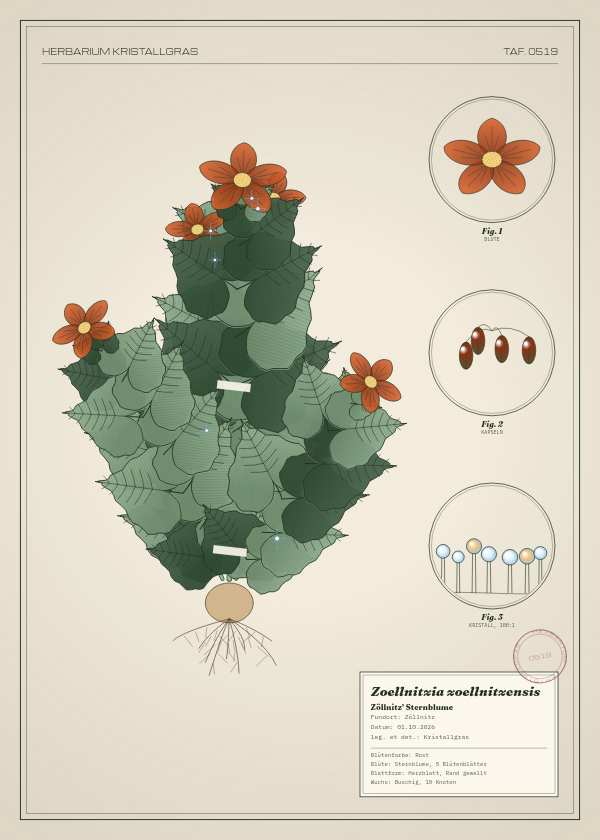 Botanische Tafel: Zoellnitzia zoellnitzensis, eine erfundene Pflanze aus Zöllnitz, gezeichnet wie in einem alten Pflanzenatlas
