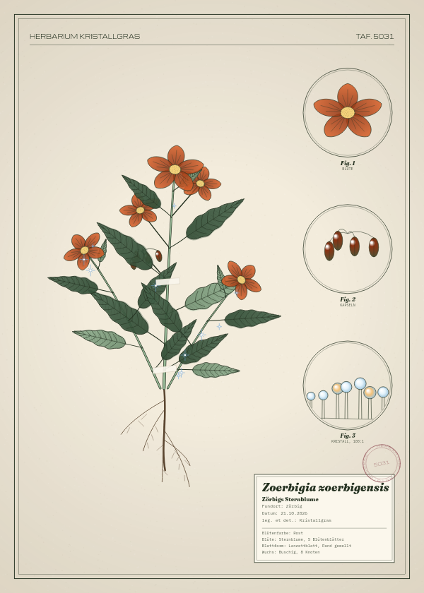 Botanische Tafel: Zoerbigia zoerbigensis, eine erfundene Pflanze aus Zörbig, gezeichnet wie in einem alten Pflanzenatlas