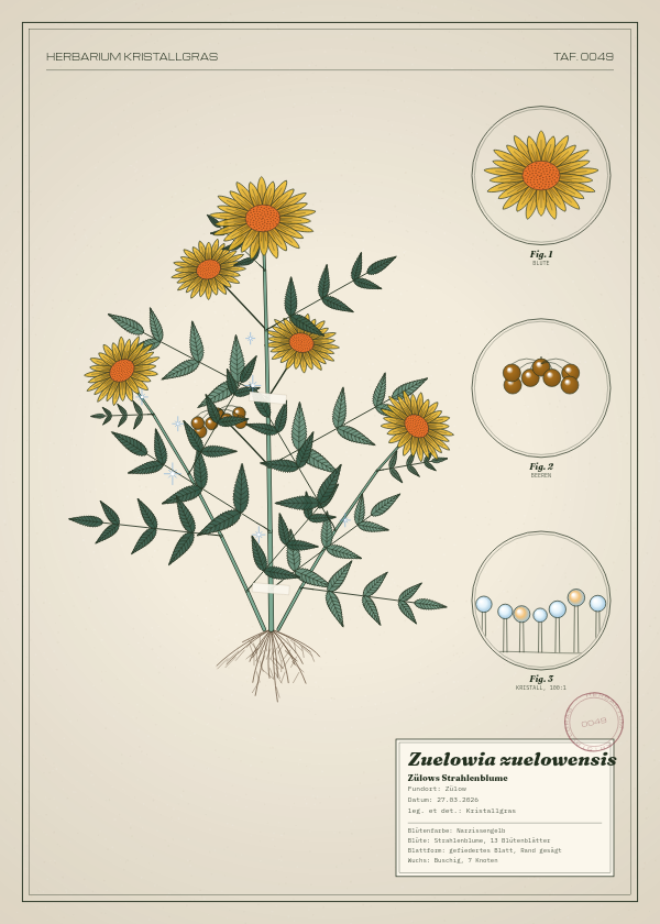 Botanische Tafel: Zuelowia zuelowensis, eine erfundene Pflanze aus Zülow, gezeichnet wie in einem alten Pflanzenatlas