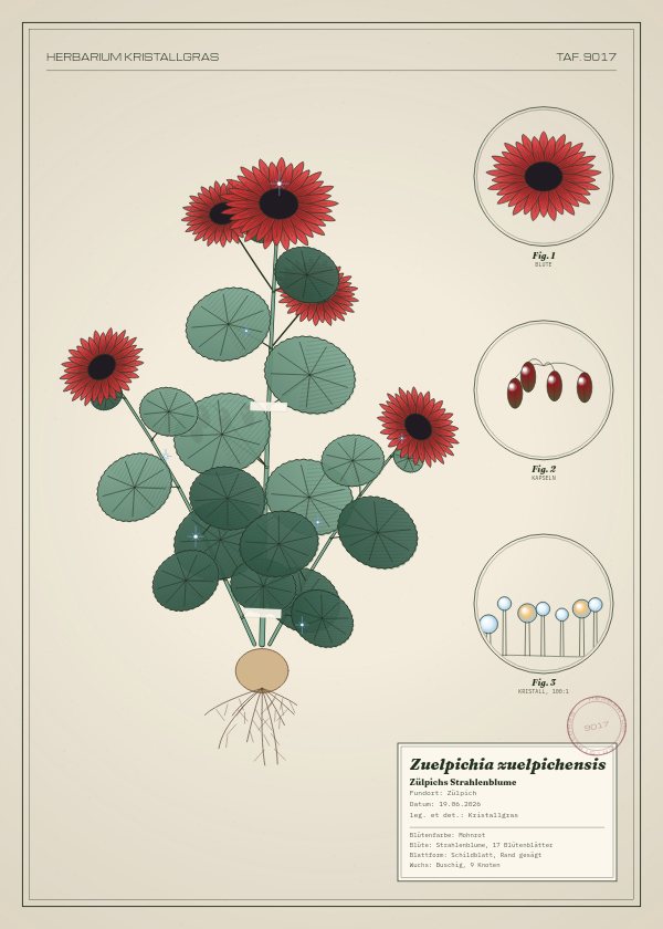 Botanische Tafel: Zuelpichia zuelpichensis, eine erfundene Pflanze aus Zülpich, gezeichnet wie in einem alten Pflanzenatlas