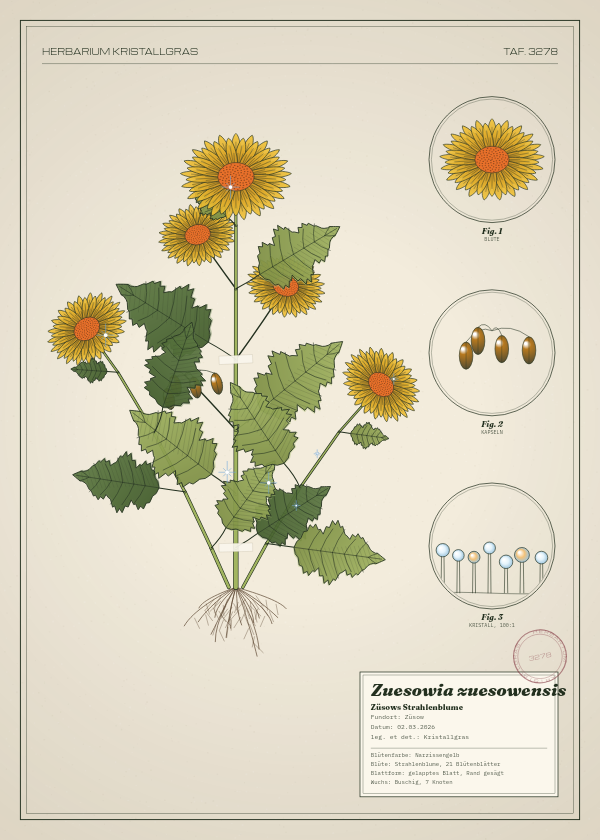 Botanische Tafel: Zuesowia zuesowensis, eine erfundene Pflanze aus Züsow, gezeichnet wie in einem alten Pflanzenatlas