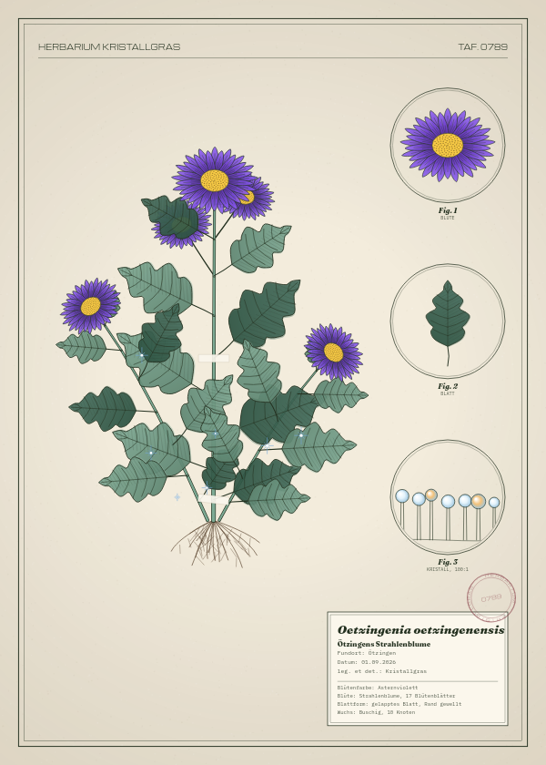 Botanische Tafel: Oetzingenia oetzingenensis, eine erfundene Pflanze aus Ötzingen, gezeichnet wie in einem alten Pflanzenatlas
