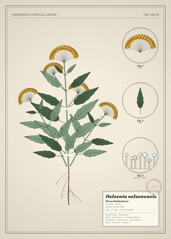 Botanische Tafel: Oelsenia oelsenensis, eine erfundene Pflanze aus Ölsen, gezeichnet wie in einem alten Pflanzenatlas