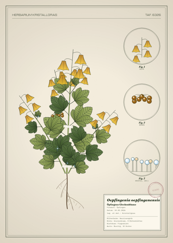 Botanische Tafel: Oepfingenia oepfingenensis, eine erfundene Pflanze aus Öpfingen, gezeichnet wie in einem alten Pflanzenatlas