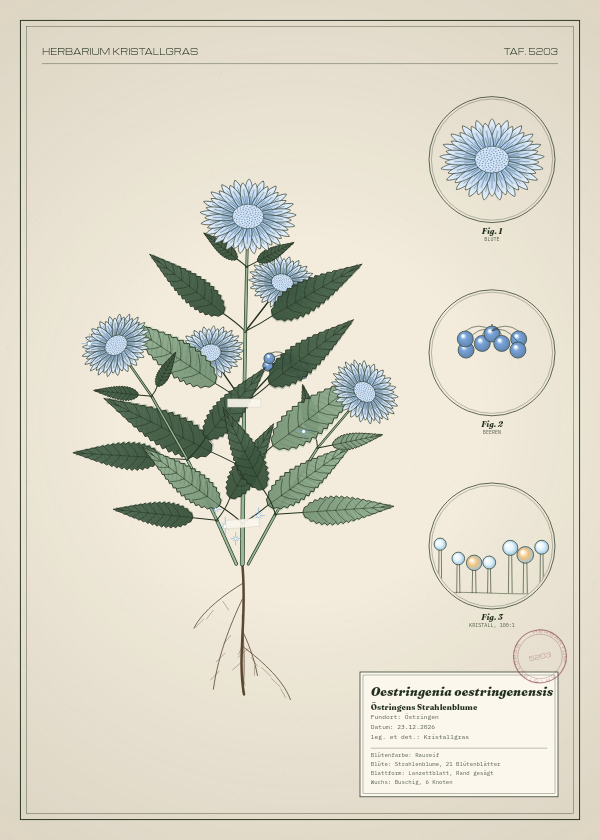 Botanische Tafel: Oestringenia oestringenensis, eine erfundene Pflanze aus Östringen, gezeichnet wie in einem alten Pflanzenatlas