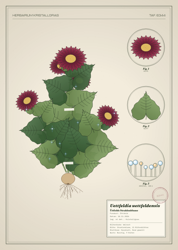 Botanische Tafel: Uettfeldia uettfeldensis, eine erfundene Pflanze aus Üttfeld, gezeichnet wie in einem alten Pflanzenatlas